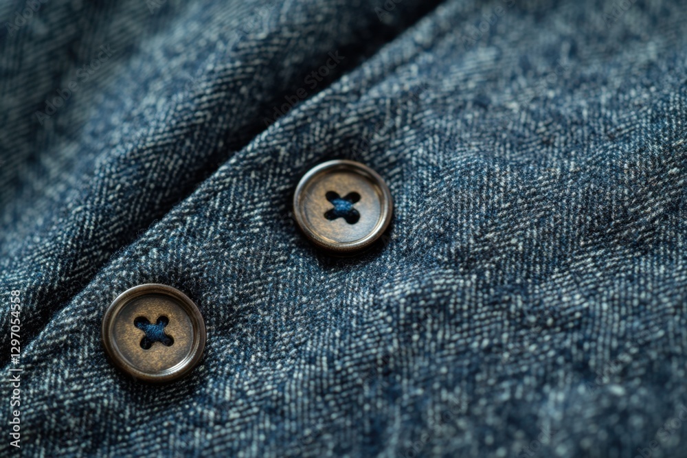 Close-up: Two Buttons on Textured Blue Fabric. Detailed view of texture & fastener. The rich fabric invites touch & evokes classic style. Close-up: Two Buttons on Textured Blue Fabric. Detailed view of texture & fastener. The rich fabric invites touch & evokes classic style.