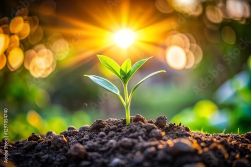 A young seedling sprouts from rich soil bathed in the golden sunlight of a vibrant sunrise a symbol of new growth and life