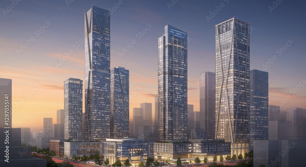 Fototapeta premium Modern Skyscrapers at Sunset - Stunning view of three modern skyscrapers at sunset, showcasing architectural design and urban development