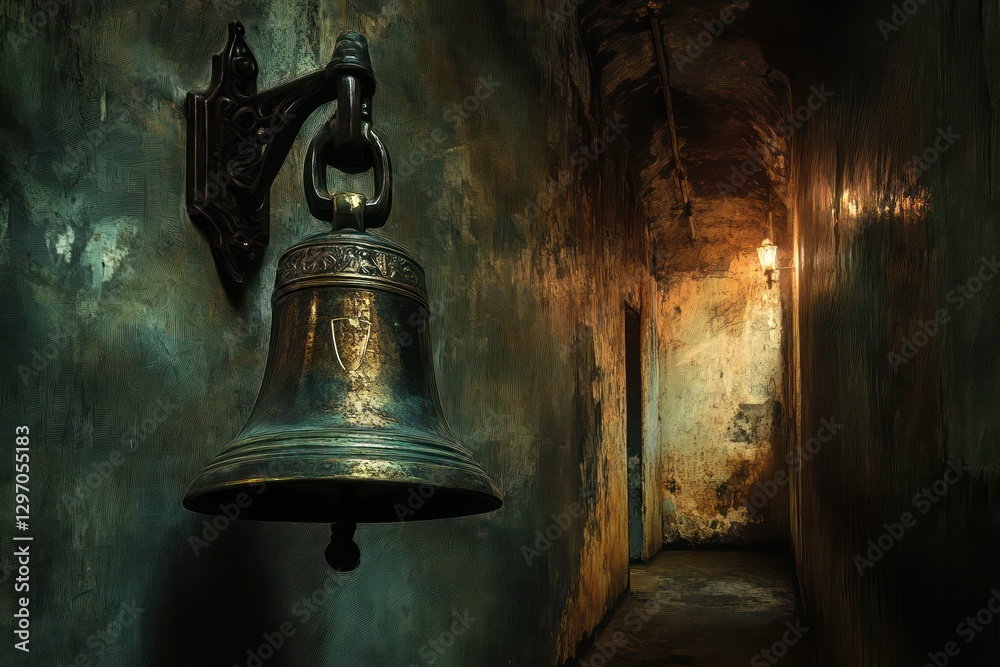 Obraz premium A bronze bell hangs on the wall in a dimly lit corridor