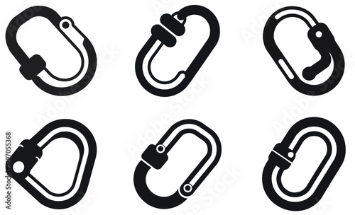 Six black and white, simple icons of climbing carabiners.