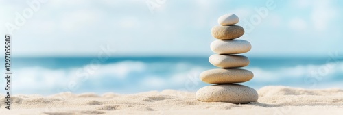 nature d stone stack, a d stone stack on a sandy beach with gentle waves and a misty horizon in a nature-themed web banner creates a calming vibe