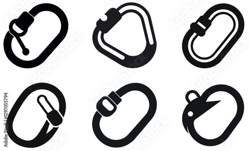 Six black and white, simple icons of climbing carabiners.