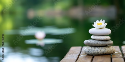 zen garden art, close-up of wet stones on a pier, with a blurred lake and lotus flowers in the background