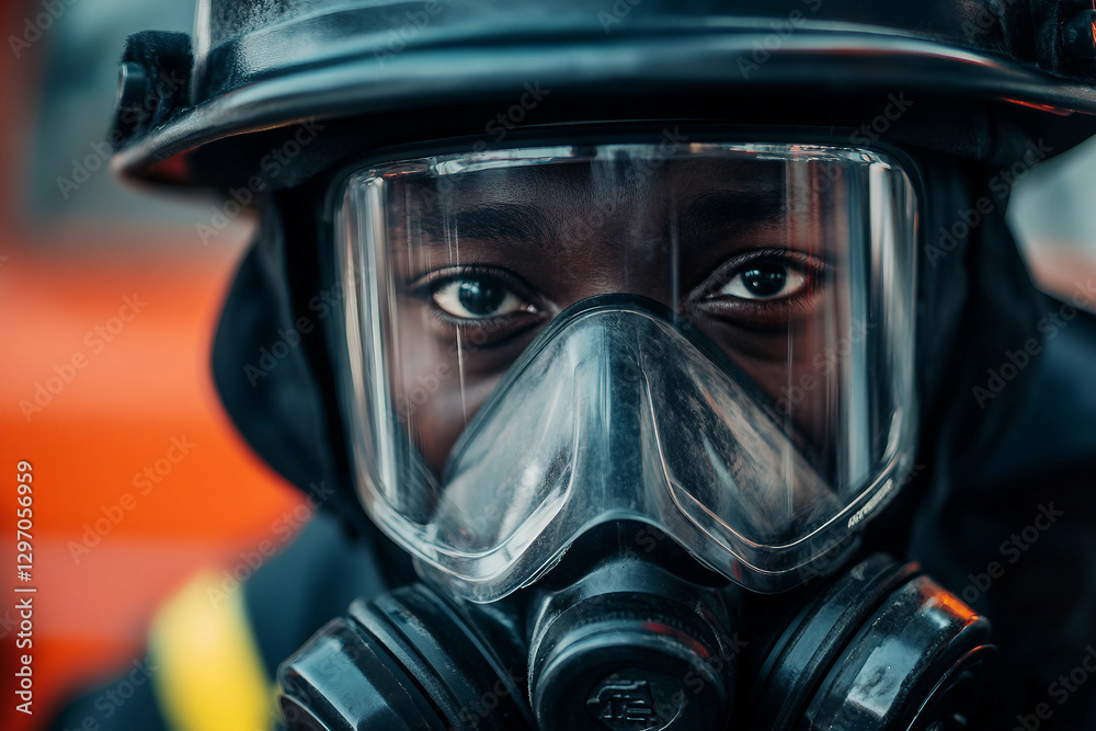 Fototapeta premium Generative AI Representation of a Firefighter Wearing a Protective Gas Mask During a Rescue Operation