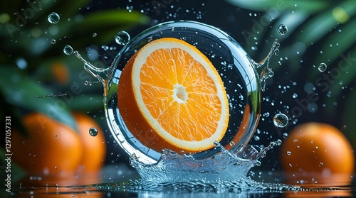 Fresh Orange Slice Splashes in Water with Tropical Background