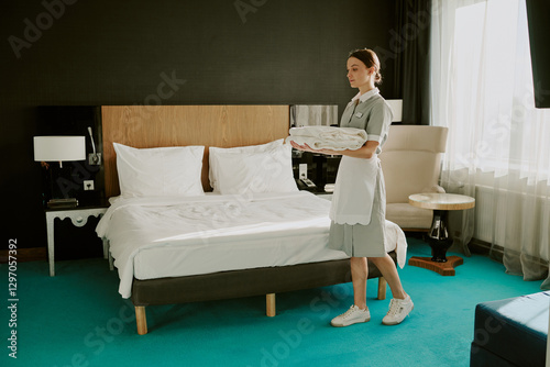 Wide shot of young chambermaid walking across spacious modern and cozy hotel room while carrying just washed towels photo