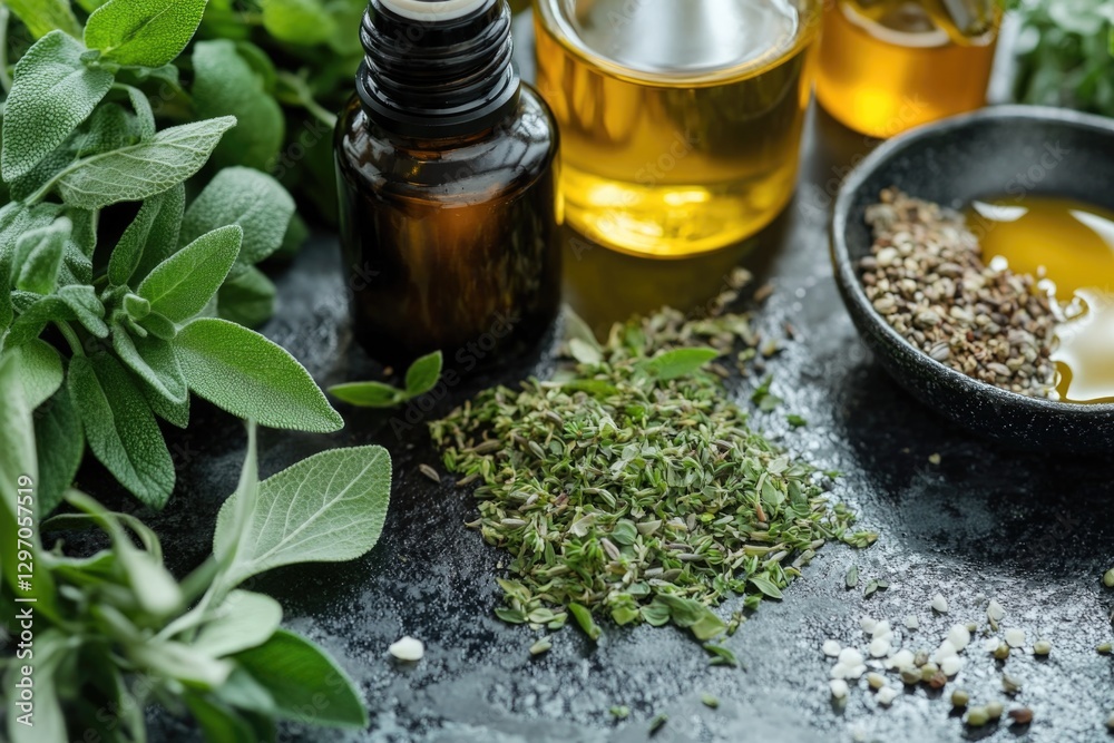 Tabletop display of various essential oils and herbs for aromatherapy or cooking Tabletop display of various essential oils and herbs for aromatherapy or cooking