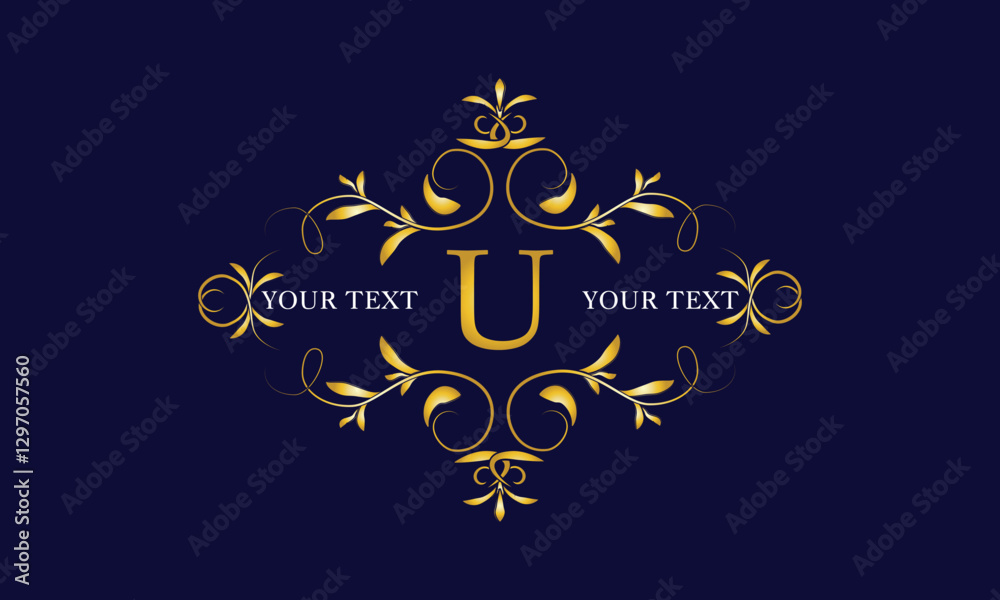 Luxury emblem, monogram, logo with initial letter U. Vintage gold alphabet frame illustration. Invitations, weddings, labels, restaurants, hotels, heraldic designs, jewelry Luxury emblem, monogram, logo with initial letter U. Vintage gold alphabet frame illustration. Invitations, weddings, labels, restaurants, hotels, heraldic designs, jewelry