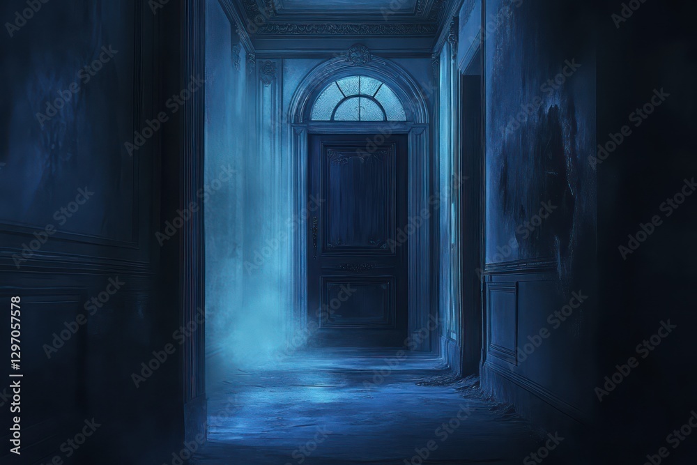 A long hallway with an arched doorway in a dim blue light A long hallway with an arched doorway in a dim blue light