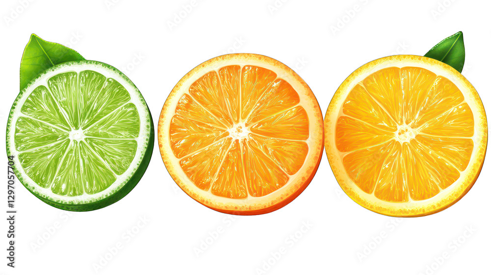 Juicy citrus fruit, including orange, lemon, or lime, sliced and arranged artistically isolated on transparent background. Juicy citrus fruit, including orange, lemon, or lime, sliced and arranged artistically isolated on transparent background.