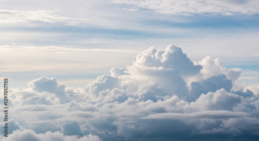 Serene Cloudscape Above - Stunning aerial view of fluffy cumulus clouds illuminated by soft sunlight, creating a peaceful and dreamy atmosphere Serene Cloudscape Above - Stunning aerial view of fluffy cumulus clouds illuminated by soft sunlight, creating a peaceful and dreamy atmosphere