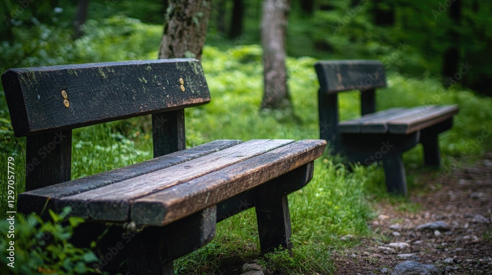 Two wooden benches placed side by side Two wooden benches placed side by side