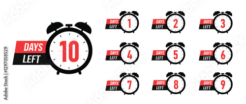 1, 2, 3, 4, 5, 6, 7, 8, 9, 10, days left. Countdown badge black red clock. Vector illustration isolated on white background.