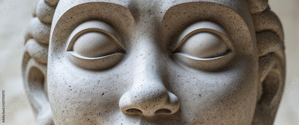 Naklejka premium Stone face sculpture with large eyes and textured surface