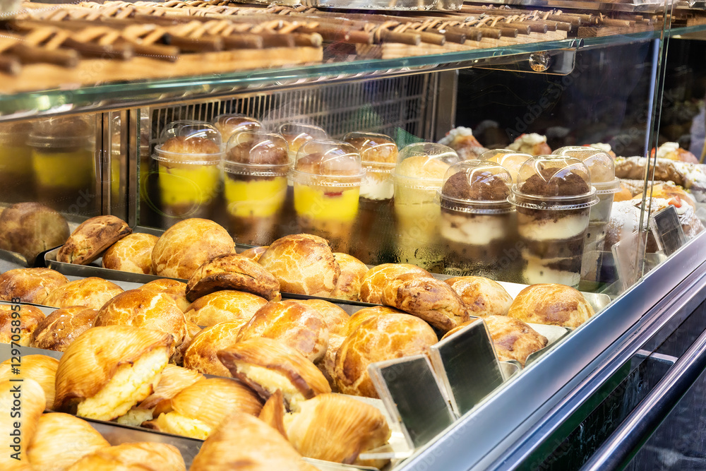 Display case showing various pastries and desserts in Naples, Italy Display case showing various pastries and desserts in Naples, Italy