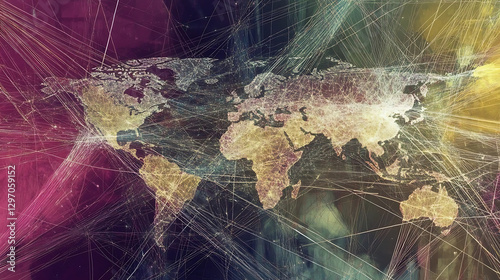 Abstract world map with colorful lines representing connections and networks copy space
