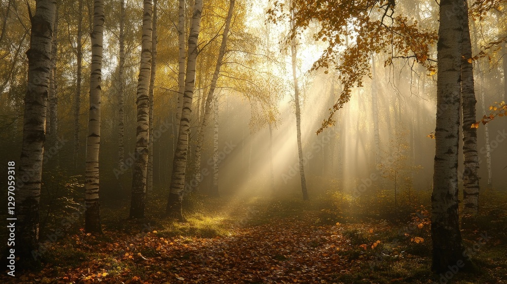 Fototapeta premium Foggy Autumn Morning in Dense Birch Forest with Golden Leaves