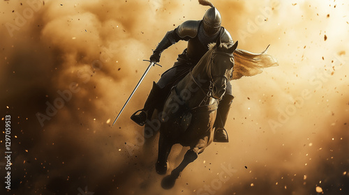 A medieval knight charging on horseback, lance aimed forward, dust rising behind him photo