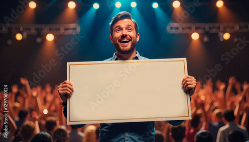 Jubilant man holding giant lottery cheque on stage, celebratory excitement, mockup
