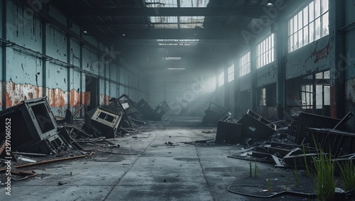 Abandoned industrial warehouse with waste and debris photo