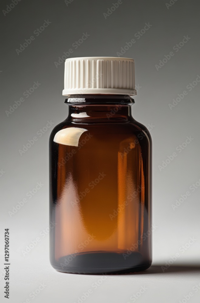 Clear Amber Glass Bottle with White Cap on Gray Background Ideal for Pharmaceutical or Cosmetic Products Display and Packaging Solutions Clear Amber Glass Bottle with White Cap on Gray Background Ideal for Pharmaceutical or Cosmetic Products Display and Packaging Solutions