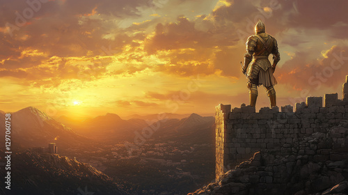 A golden-armored knight standing atop a castle wall, watching the horizon at sunset