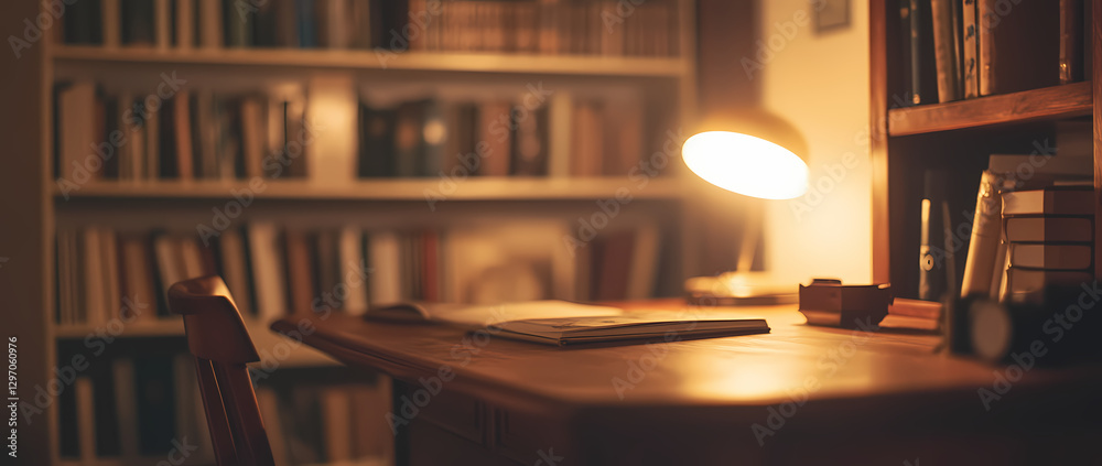 Minimally blurred background of a wooden desk with a book and lamp on a blurred living room interior, with copy space Minimally blurred background of a wooden desk with a book and lamp on a blurred living room interior, with copy space