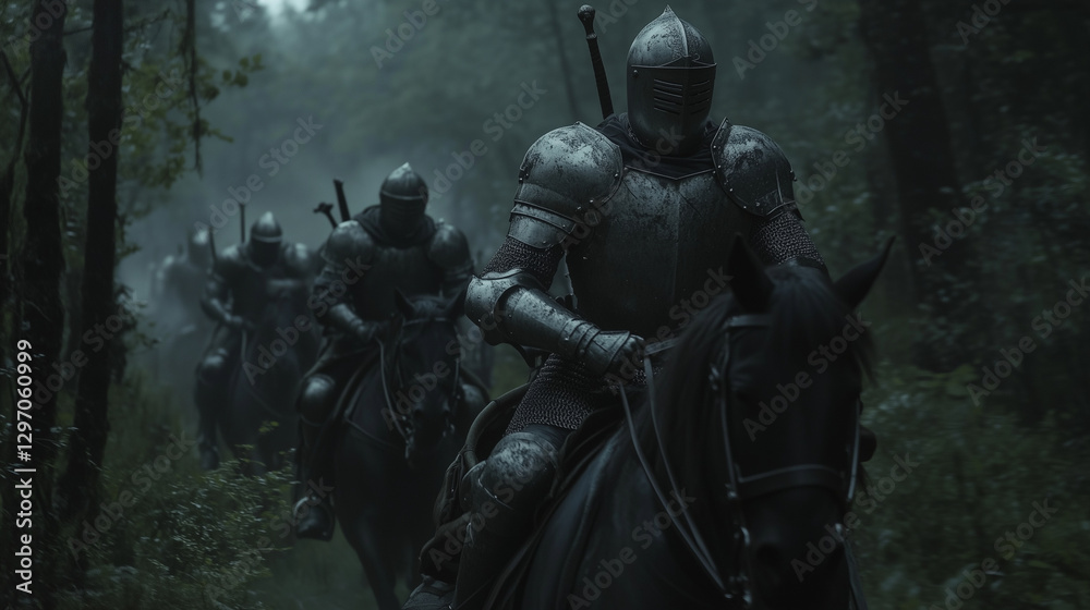 A group of knights riding through a dense forest, their armor gleaming in the dim light A group of knights riding through a dense forest, their armor gleaming in the dim light