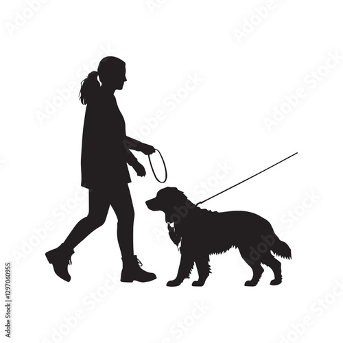 A woman walking a bernese mountain dog on leash black vector silhouette, dog owner clip art element design white background.