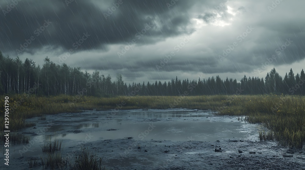 Fototapeta premium Dramatic raindrop impact on puddle during twilight high resolution picture