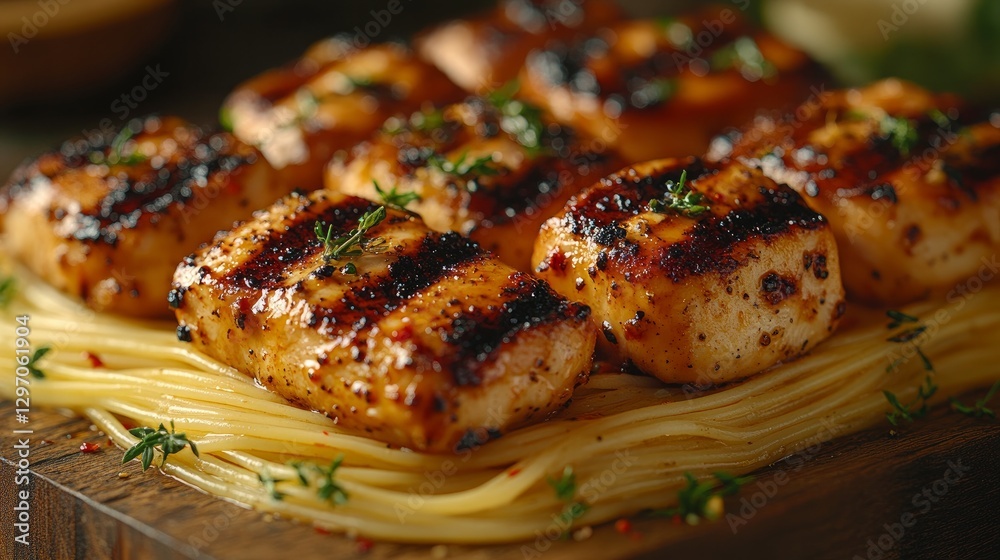 spaghetti pasta with perfectly cooked chicken chunks on top. The spaghetti is perfectly cooked. spaghetti pasta with perfectly cooked chicken chunks on top. The spaghetti is perfectly cooked.