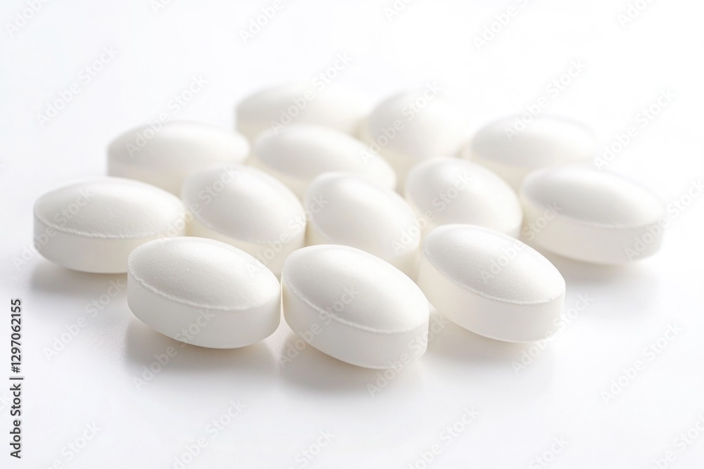 A collection of white pills arranged on a table, ideal for medical or pharmaceutical-related contexts A collection of white pills arranged on a table, ideal for medical or pharmaceutical-related contexts