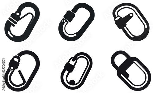 Six Black Carabiners Icons for Climbing or Outdoor Gear