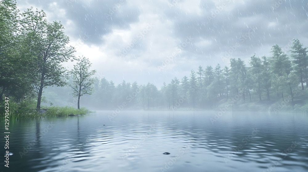 Fototapeta premium Misty mountains reflected in tranquil lake under cloudy skies high resolution picture