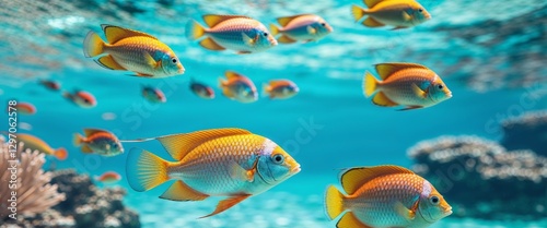 Colorful Tropical Fish Swimming in Clear Blue Ocean Water