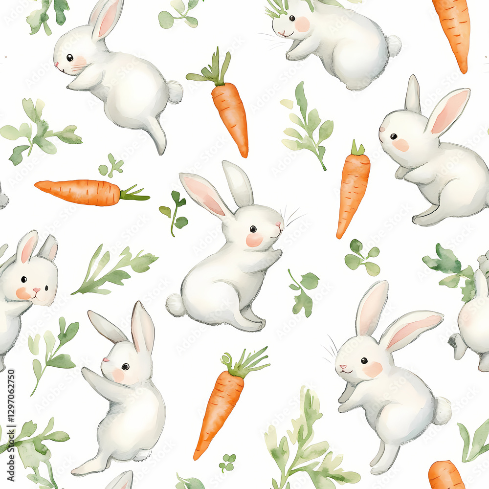 Fototapeta premium Watercolor pattern of cute bunnies jumping with carrots, on a white background, seamless pattern