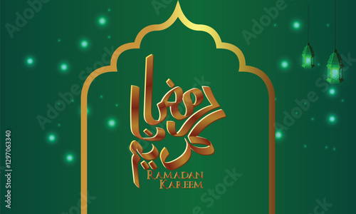 Ramadan Kareem Islamic Background with Arabic Calligraphy and Green Lanterns