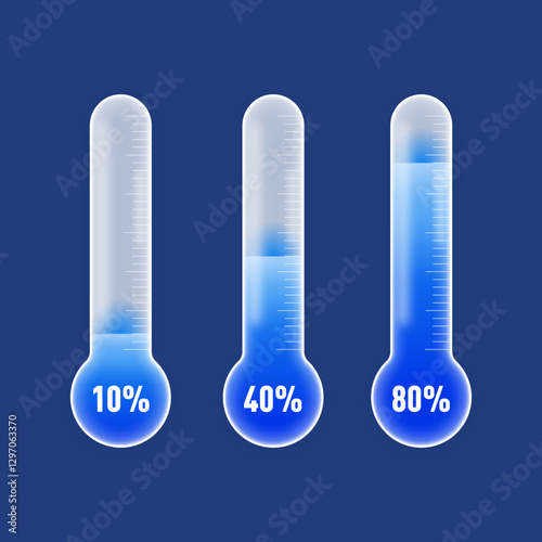 charity fundraising thermometer graphic.  set of three vector illustration of thermometer showing increasing percentage of meeting fundraising goals.
