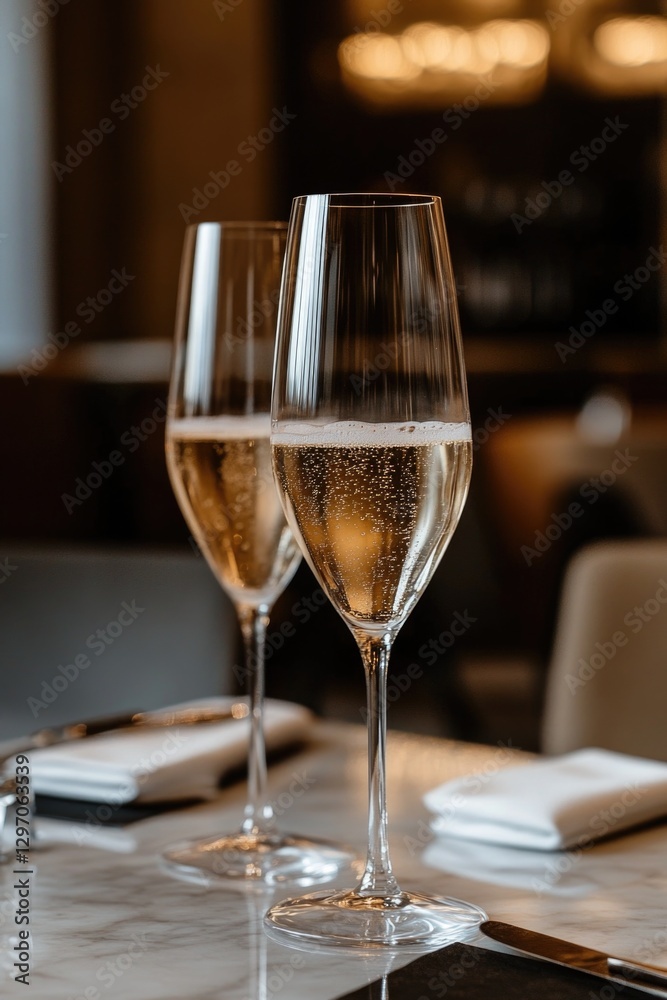 Two wine glasses sit on a table, ready for use Two wine glasses sit on a table, ready for use