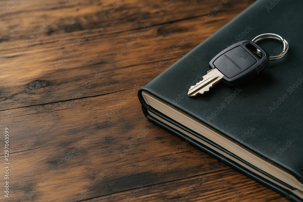 Notebook and car key resting on a wooden table in a cozy workspace Notebook and car key resting on a wooden table in a cozy workspace