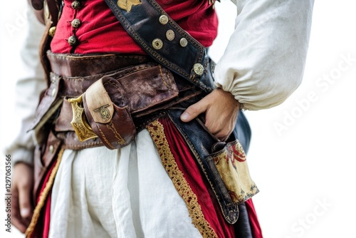 A person wearing a pirate costume and carrying a belt, ideal for Halloween or cosplay-themed images