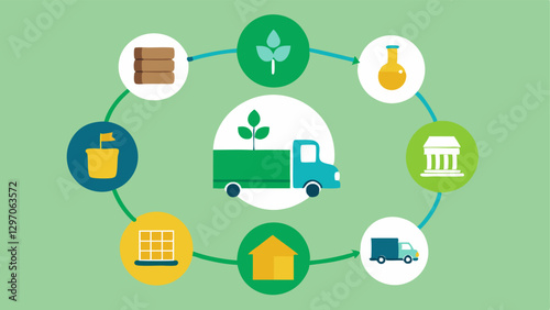 Sustainable Supply Chain A simplified supply chain diagram illustrating the flow of goods from sustainable sources to consumers marked with icons of ecofriendliness and financial