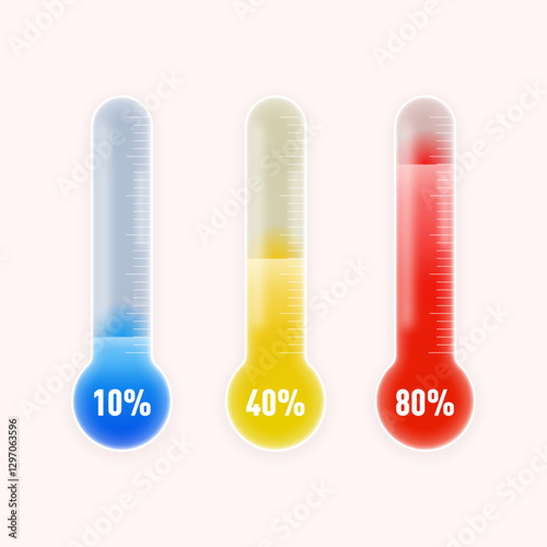charity fundraising thermometer graphic.  set of three vector illustration of thermometer showing increasing percentage of meeting fundraising goals.