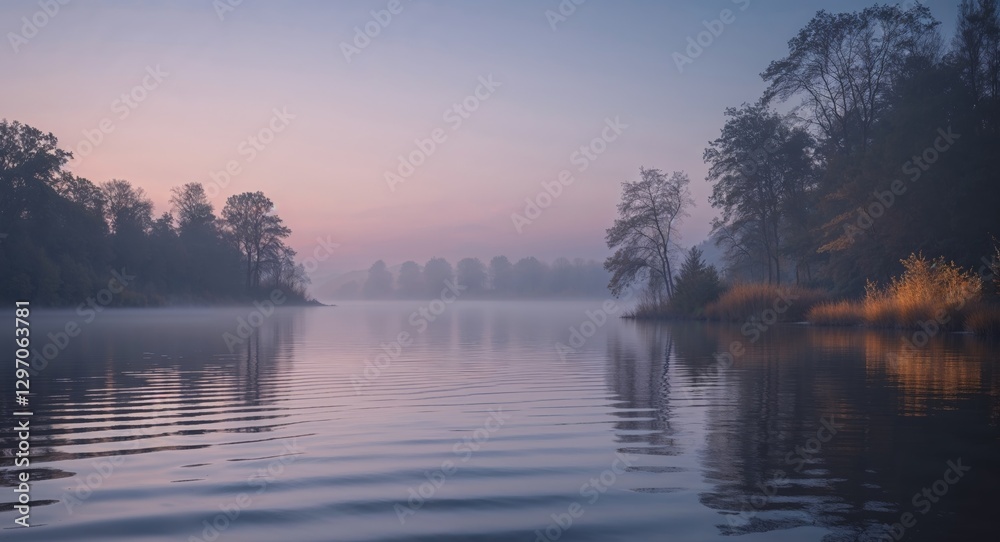 Fototapeta premium Serene Twilight Reflections on Lake Surface.