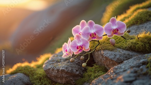 Pink Orchids on Textured Rocks with Moss at Golden Sunset with Soft Light and Shallow Depth of Field.