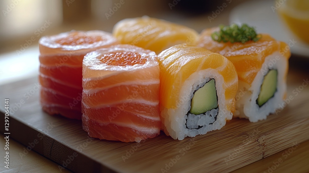 quality sushi roll platters includes different toppings for the avocado roll, tuna roll, and yuzu citrus roll. quality sushi roll platters includes different toppings for the avocado roll, tuna roll, and yuzu citrus roll.
