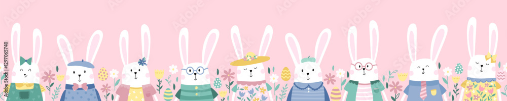 Fun hand drawn Easter Bunnies, vintage style bunnies with cute decorations, great for textiles, banners, wallpapers - vector design