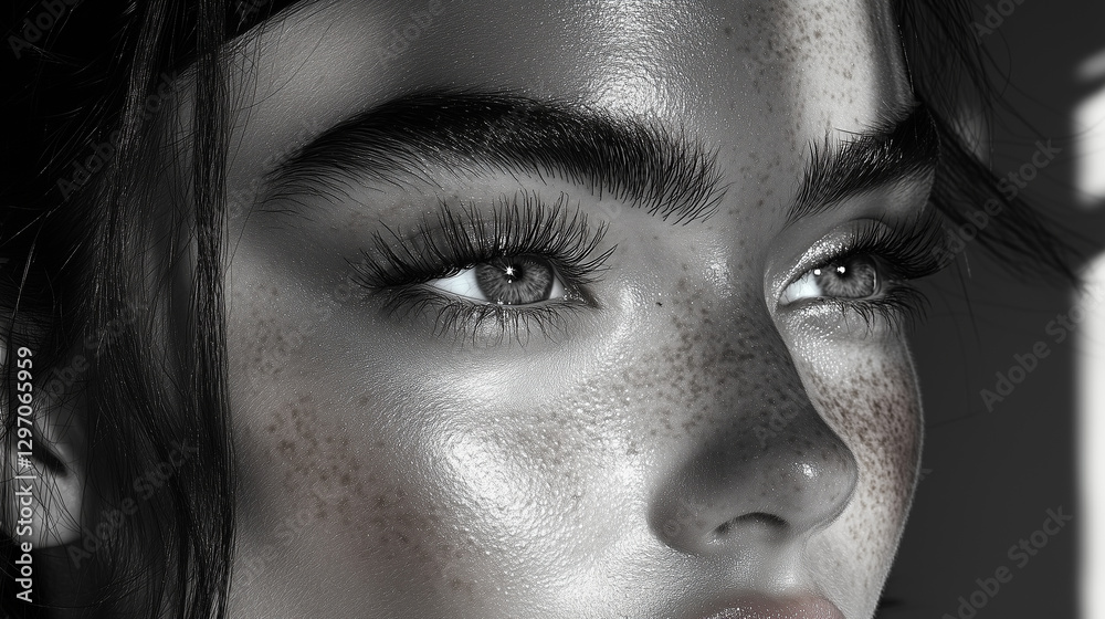 Obraz premium Striking monochrome beauty portrait with freckles and natural light for fashion editorials, skincare campaigns