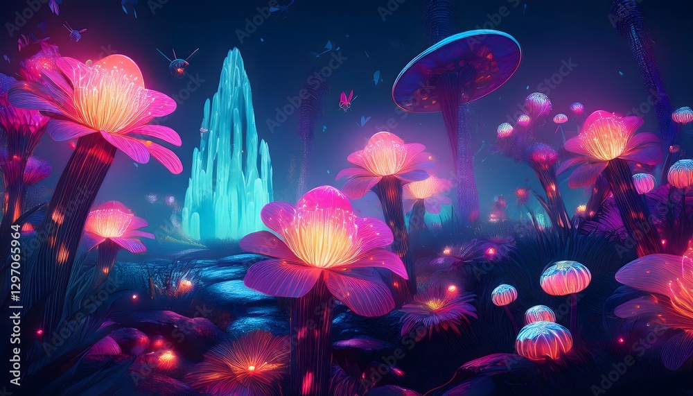 Glowing neon flowers and mushrooms creating surreal spring fantasy landscape Glowing neon flowers and mushrooms creating surreal spring fantasy landscape